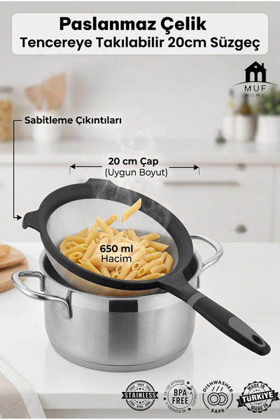 MUF HOME Pot-Attachable Stainless Steel Wire Strainer 20 cm 650 ml - Bpa-Free...