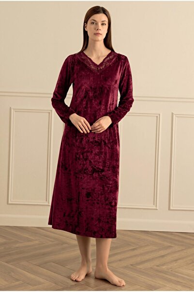 Sevim Women's Long Sleeve Velvet Lace V-Neck Burgundy Long Dress C3T2N081