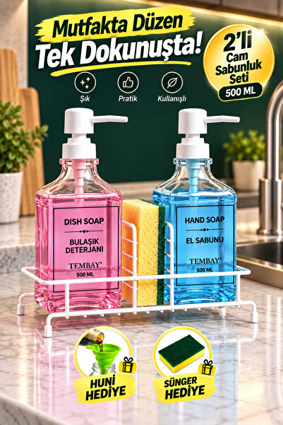 TEMBAY İkili Kare Cam Sıvı Sabunluk ve Bulaşık Deterjanlık Seti 500 ml Metal ...