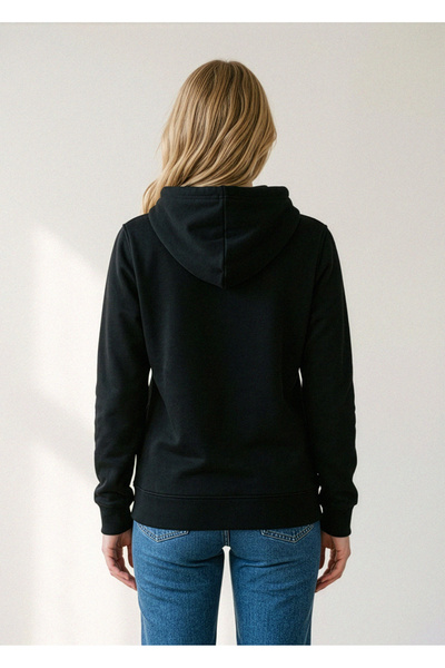 Hediyesepeti Siyah Kadın Kapüşonlu Basic Sweatshirt Kanguru Cepli Hoodie