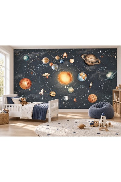 Genel Markalar Güneş Sistemi ve Astronot Bebek Odası Duvar Kağıdı - Erkek Çoc...