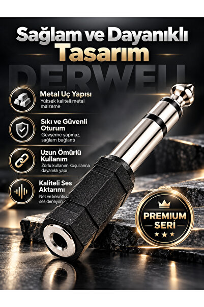 Derwell 6.35mm Erkek - 3.5mm Dişi Ses Adaptörü Stereo Profesyonel Metal Uçlu ...