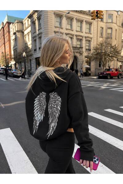 Moonstarcollection Sabduedd siyah silver kanatlı Oversize viral 2iplik sweats...