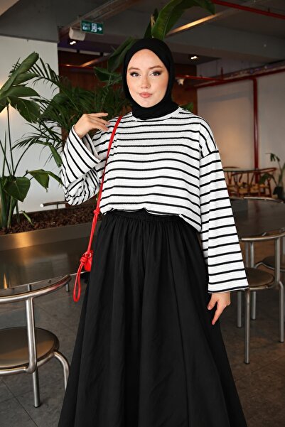 onlymoon Beyaz %100 Pamuk Çizgili Body Tunik | Oversize Uzun Kadın Tunik | Çi...