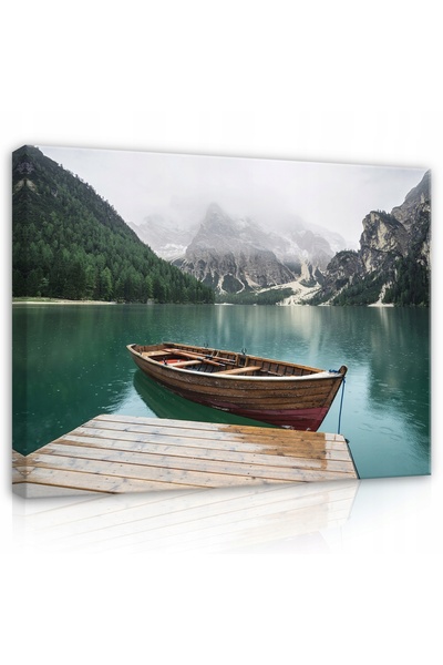 Wallarena Tablou BARCĂ LAC MUNȚI Pe Pânză Artă de Perete 100x70