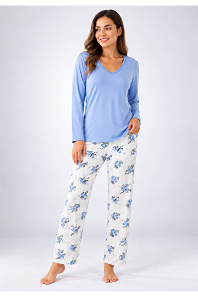 Serena Women's blue pajamas with long sleeves and white long pants with flowers