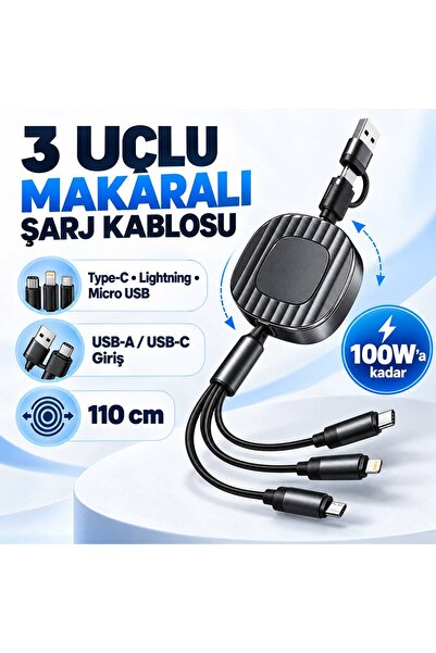 iPhone 13 Pro Uyumlu 3 Uçlu Makaralı Hızlı Şarj Kablosu 110 cm