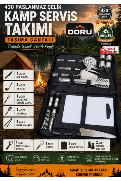 DORU Paslanmaz Çelik Kamp Servis Seti ( Organizer Çantalı Premium Set )