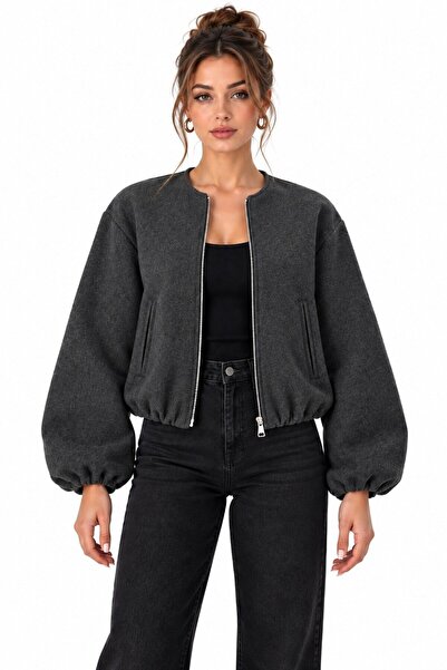 Saade Anthracite Zippered Crew Neck Lined Bomber Cashmere Coat