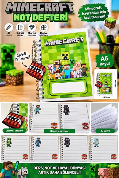 Buki'nin Atölyesi Minecraft Charmlı Not Defteri Spiralli 40 sayfa Çizgili A6 ...