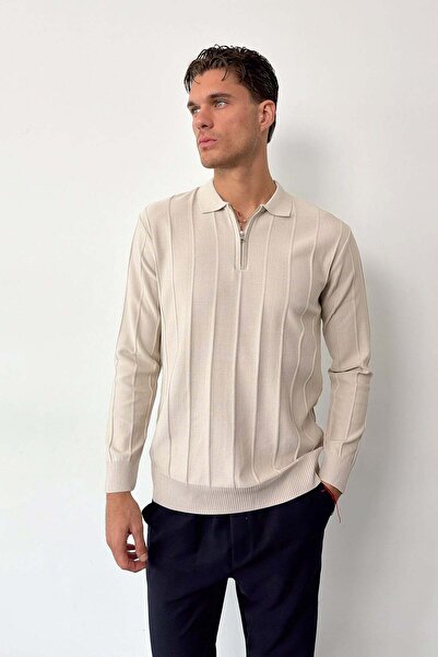 JB John Borners Men's Polo Collar Half Zipper Striped Knit Sweater Stone - 27008