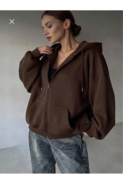 fermuarlı kapşonlu 3 iplik oversize kadın sweatshirt