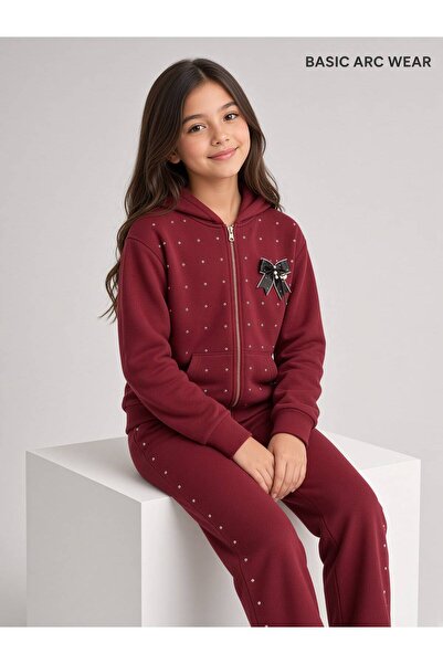 Kız Çocuk Takım Tam Fermuar Kapşonlu Taşlı Sweatshirt Takım