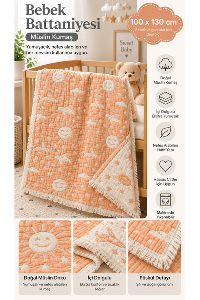 LADYNİL 100% Cotton Muslin 6-Layer Baby & Kids Blanket, 100X130Cm Patterned M...