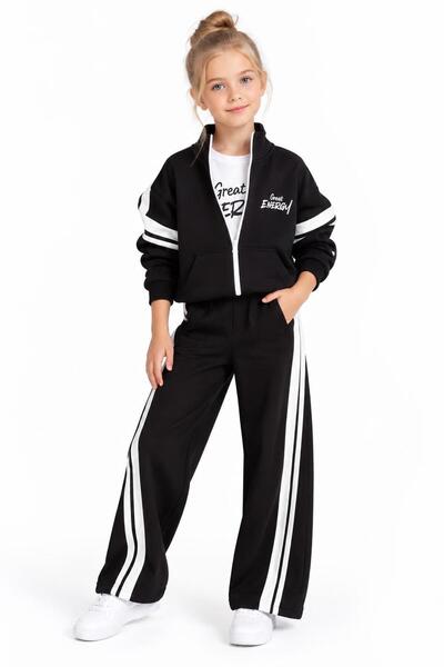 aykidsclup Girl's 3-Thread Ribbed Zippered Tracksuit Set – Stripe Detailed 43...