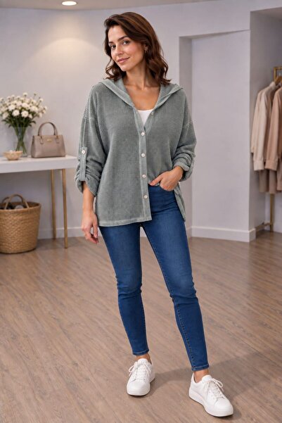 MARE BUTİK Hooded Mesh Textured Linen Blend Shirt Jacket