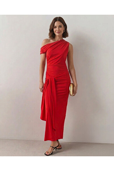 Merlot One-Shoulder Belted Detailed Maxi Dress