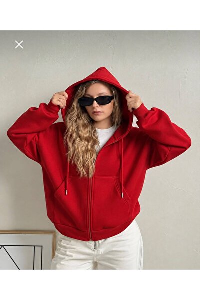 Genel Markalar fermuarlı kapşonlu 3 iplik oversize kadın sweatshirt
