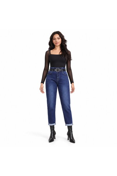 MISS GOOD Γυναικείο Τζιν Παντελόνι Ψηλόμεσο Mom Fit με Ζώνη ανοιχτό μπλε