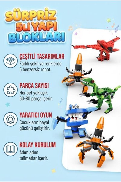 Tıfıl Toys Sürpriz Yumurta 5'li Set Dinozor ve Araç Figürlü Yapı Blokları Eği...