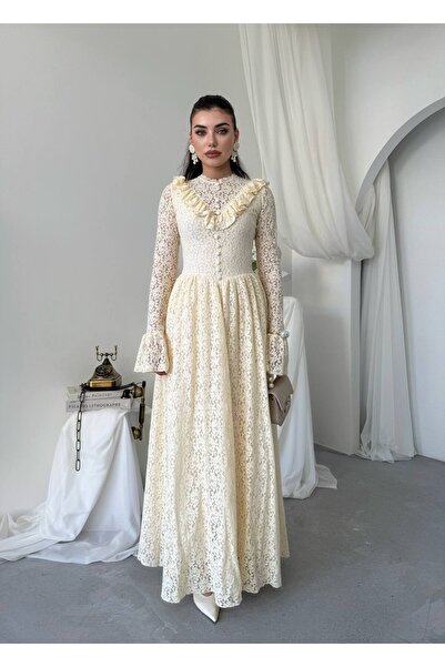 Ayzde Fashion Kadın Uzun Elbise Dantel Kumaş Dik Yaka Uzun Kollu Volan Detayl...