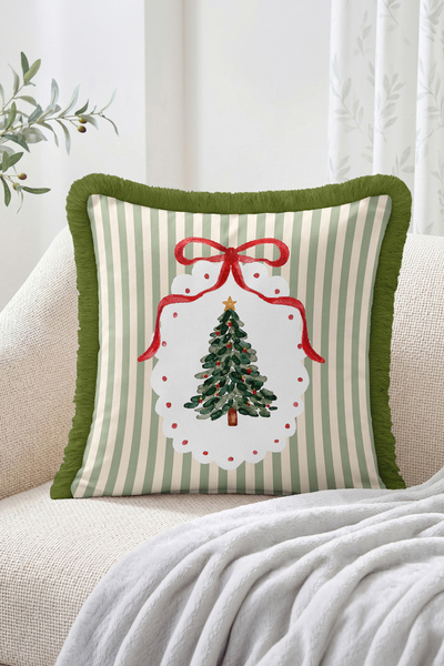 Realhomes Christmas Pine Tree and Ribbon Motif Striped Fringed-Tasseled Throw...