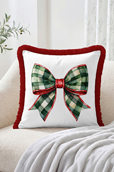 Realhomes Green Checkered Bow Patterned Fringed-Tasseled Throw Pillow Cover