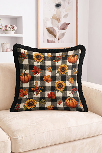 Realhomes Fall Pumpkin Sunflower and Leaf Pattern Fringe-Tassel Throw Pillow ...