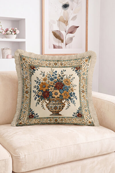 Realhomes Vintage Floral Vase and Flower Border Fringed-Tasseled Throw Pillow...