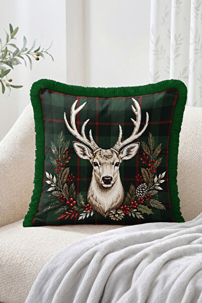 Realhomes Plaid and Pine Branch Patterned Fringed-Tasseled Throw Pillow Cover...
