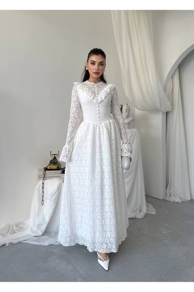 Ayzde Fashion Kadın Uzun Elbise Dantel Kumaş Dik Yaka Uzun Kollu Volan Detayl...