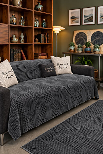 Raschel Home Bohem Geometrik Koyu Gri Koltuk Örtüsü 165x210 cm Yıkanabilir Çe...