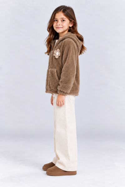 AHENGİM Girl's Hooded Zippered Plush Cardigan Coat with Floral Detail and Pockets, Soft and Warm Ak4123