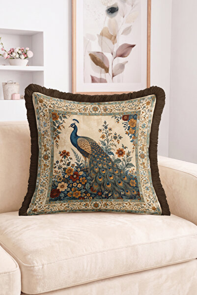 Realhomes Peacock and Floral Patterned Fringed-Tasseled Decorative Throw Pill...