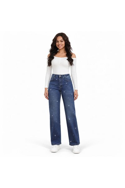 MISS GOOD Γυναικείο Τζιν Παντελόνι Ψηλόμεσο Wide Leg με Στρας Μπλε