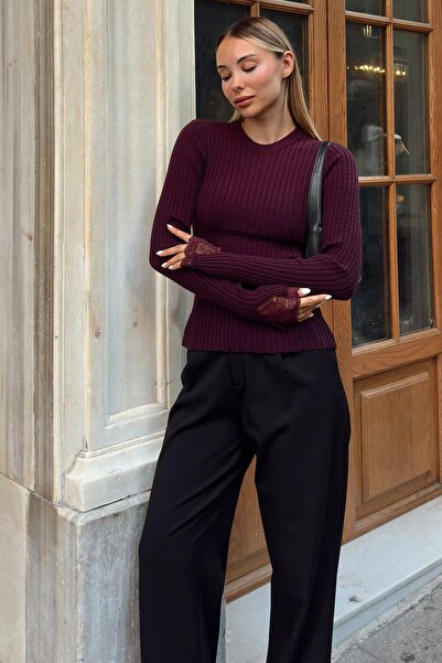 Swist Plum Sleeve Tip Lace Detail Ribbed Openwork Women's Knitwear Sweater