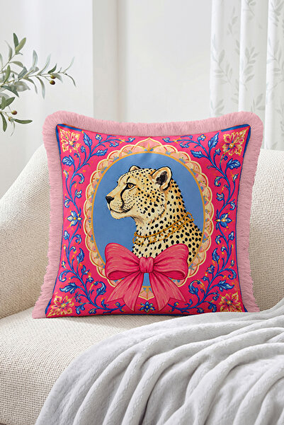 Realhomes Leopard Figured Pink Bow and Floral Patterned Fringed-Tasseled Thro...