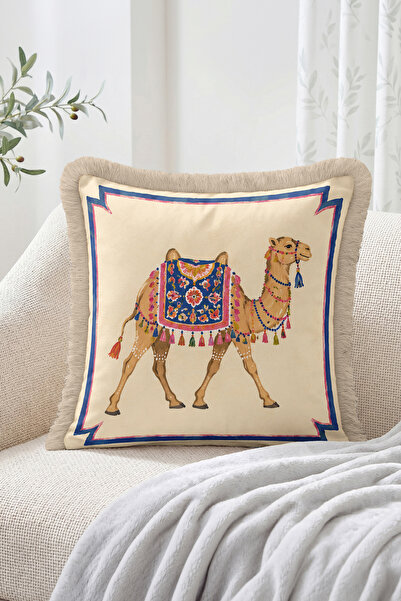 Realhomes Ethnic Patterned Fringed-Tasseled Throw Pillow Cover with Camel Figure
