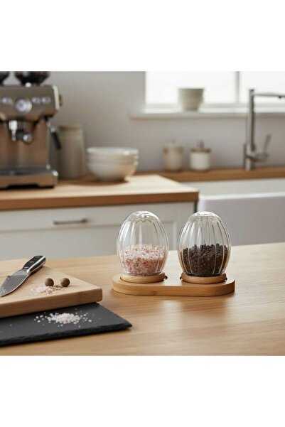 BAROTTİ Set of 2 Striped Bamboo Salt Shakers with Stands