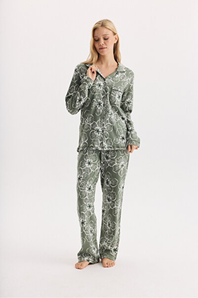 Etoile 100% Cotton Fabric Long Sleeve Front Buttoned Floral Patterned Shirt Collar Pajama Set 27304