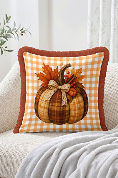 Realhomes Fall Pumpkin, Leaf and Plaid Pattern Throw Pillow Cover with Fringe...