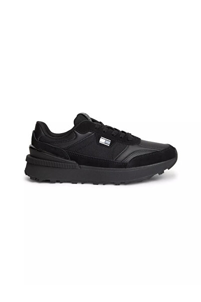 Tommy Hilfiger Erkek Süet ve Tekstil Karma Yüzey Logolu Koşu Tarzı Siyah Sneaker