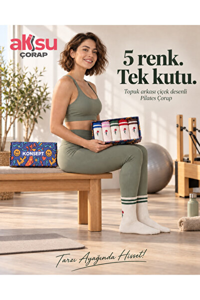 AKSU ÇORAP Five Branch Flowers — Floral Embroidered 5-Piece Boxed Pilates Soc...