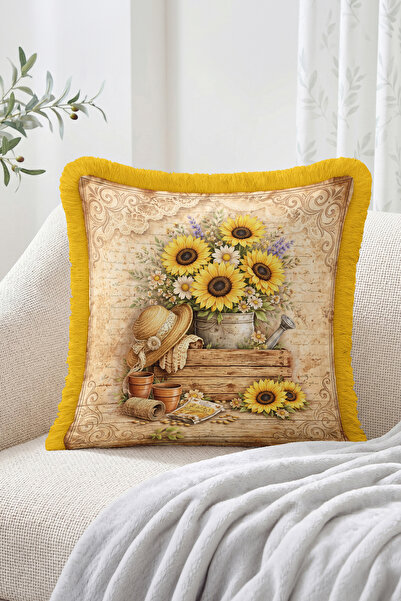 Realhomes Vintage Sunflower Bouquet, Garden and Watering Can Patterned Fringe...