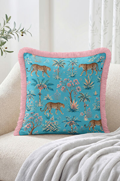 Realhomes Leopard Figured Tropical Patterned Fringed-Tasseled Throw Pillow Cover