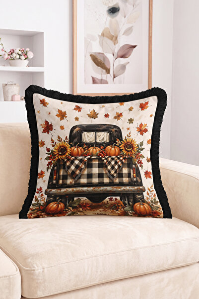Realhomes Fall Themed Pickup Truck, Pumpkin and Sunflower Pattern Throw Pillo...