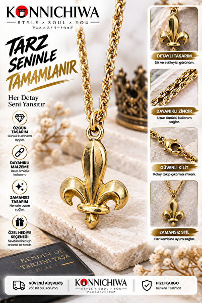 FG KONNİCHİWA Fleur-De-Lis Lily Pendant – Gold-Silver Color Symbolic End Chai...