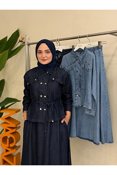 Magazin Set jachetă cu curea și fustă lungă DENIM ÎNCHIS 7593