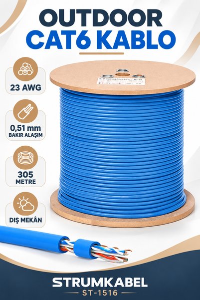 DepoTronik Outdoor CAT6 İnternet ve Ethernet Kablosu 305 Metre Dış Mekan 23 AWG 0,51 mm Bakır Alaşımlı