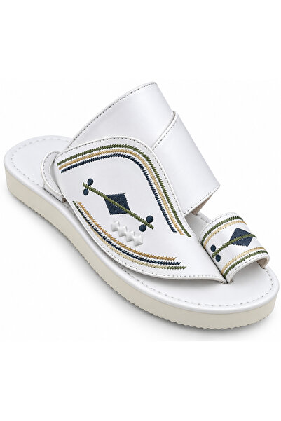 Generic Men's White Embroidered Sandals – Traditional Casual Slip-On Open-Toe...